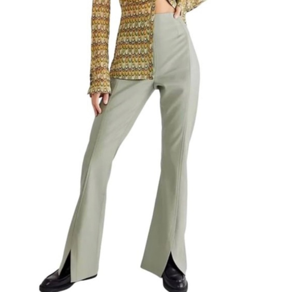Free People Real Deal Slit Beige Vegan Leather Split Hem Pants, Sz 26 sea grass
